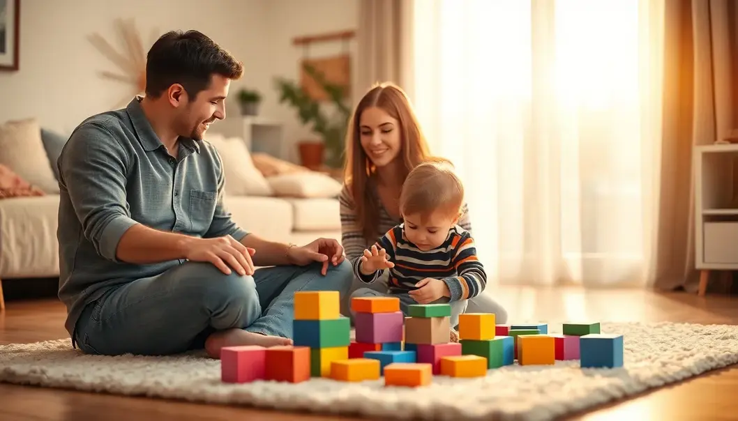 A couple lovingly engages in sensory play with their child, fostering development.