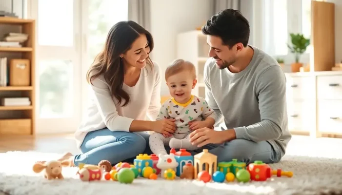 Family playing with sensory toys in a bright room, laughter captured in sunlight.