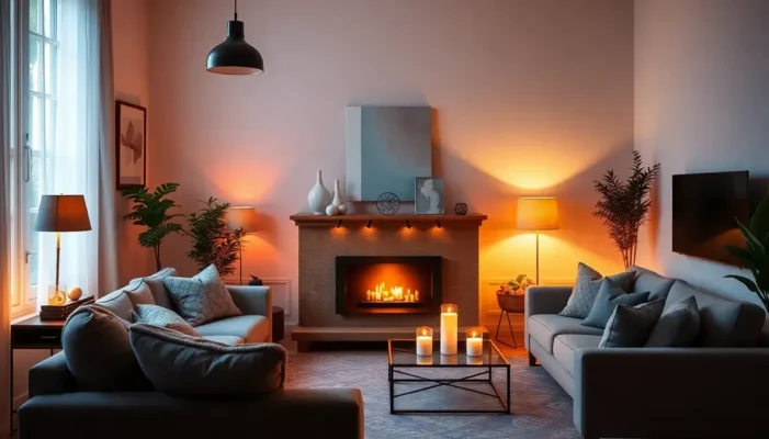 A living room with warm ambient lights, candlelight, and bright natural light through windows.