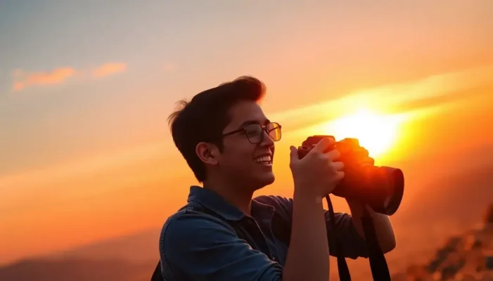 Teen taking a photograph of a colorful sunset with a DSLR camera.