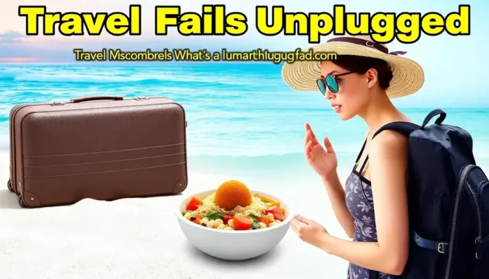 Collage of travel fail scenes including lost luggage and unexpected food.