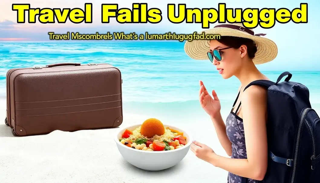 Collage of travel fail scenes including lost luggage and unexpected food.