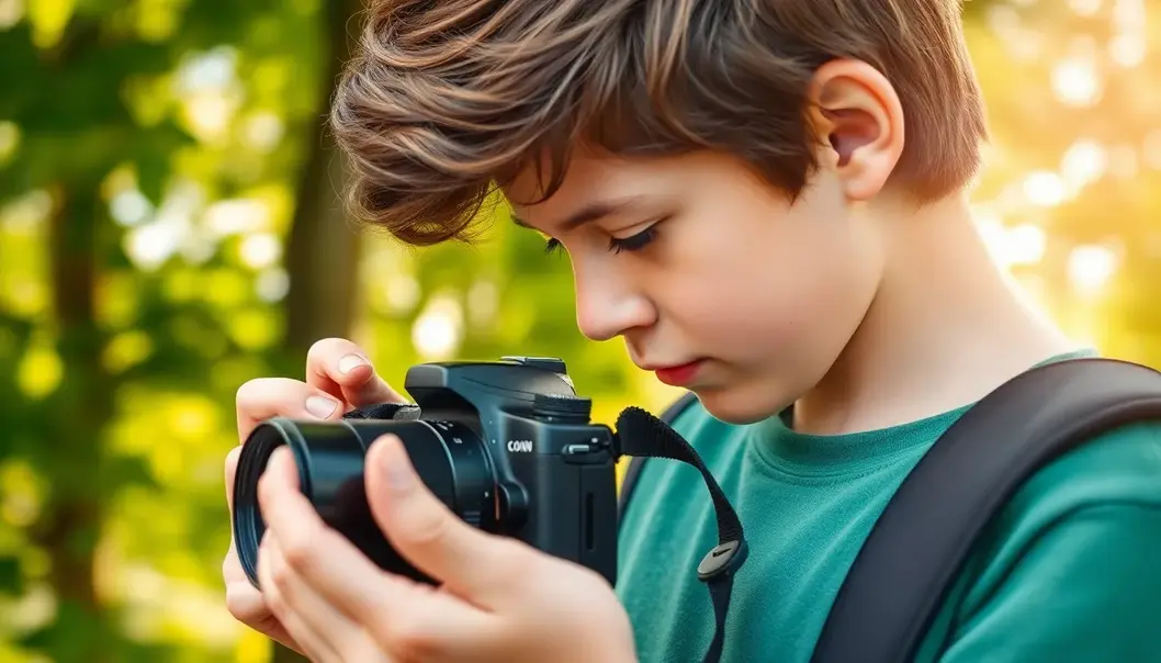 Teen learning camera settings amidst nature.